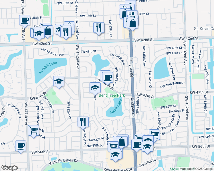 map of restaurants, bars, coffee shops, grocery stores, and more near 13930 Southwest 47th Street in Miami
