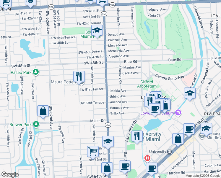 map of restaurants, bars, coffee shops, grocery stores, and more near 5116 Southwest 57th Avenue in Miami