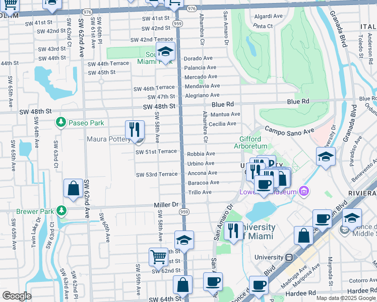 map of restaurants, bars, coffee shops, grocery stores, and more near 5116 Southwest 57th Avenue in Miami