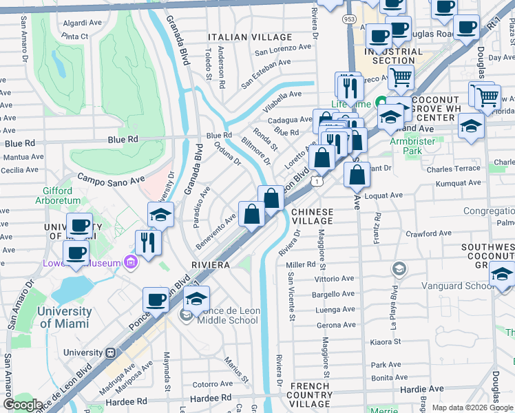 map of restaurants, bars, coffee shops, grocery stores, and more near 5126 Orduna Drive in Coral Gables