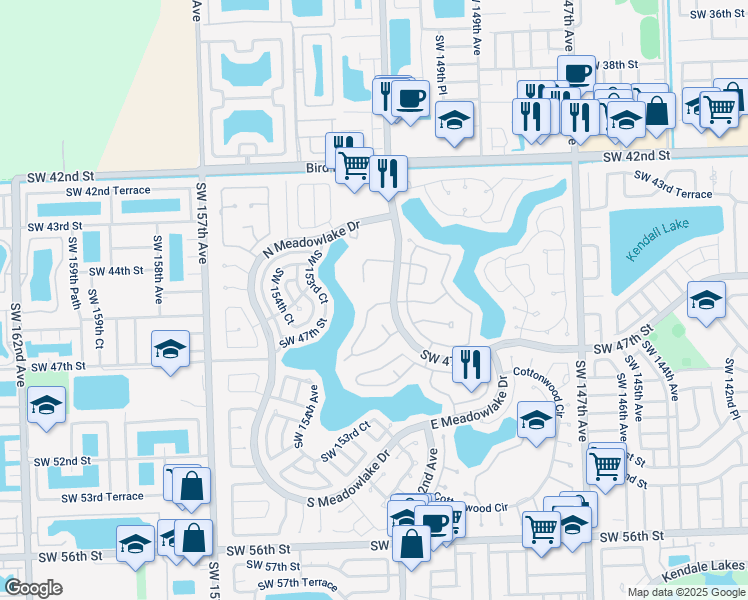 map of restaurants, bars, coffee shops, grocery stores, and more near 15215 Southwest 45th Terrace in Miami