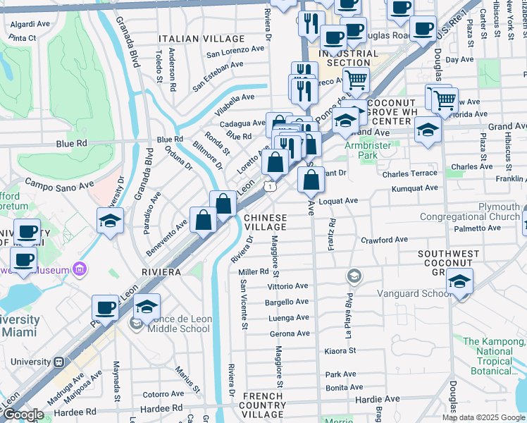 map of restaurants, bars, coffee shops, grocery stores, and more near 550 South Dixie Highway in Coral Gables