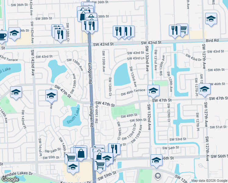 map of restaurants, bars, coffee shops, grocery stores, and more near 13391 Southwest 134th Avenue in Miami