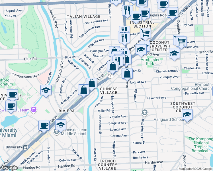map of restaurants, bars, coffee shops, grocery stores, and more near 550 South Dixie Highway in Coral Gables