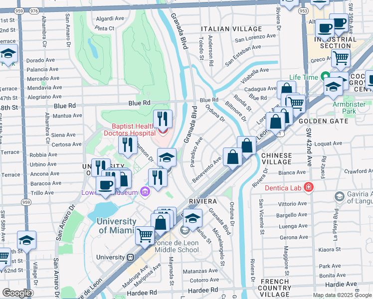 map of restaurants, bars, coffee shops, grocery stores, and more near 5110 Granada Boulevard in Coral Gables
