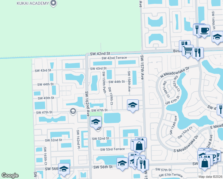 map of restaurants, bars, coffee shops, grocery stores, and more near 4432 Southwest 159th Court in Miami