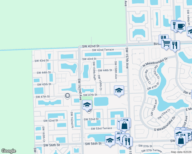 map of restaurants, bars, coffee shops, grocery stores, and more near 4432 Southwest 159th Court in Miami