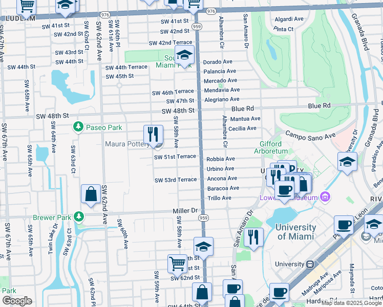 map of restaurants, bars, coffee shops, grocery stores, and more near 5760 Southwest 51st Street in Miami