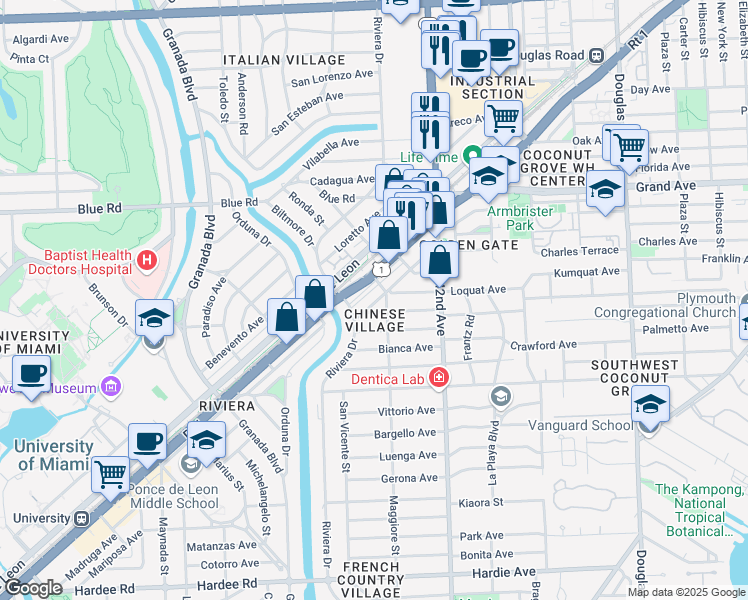 map of restaurants, bars, coffee shops, grocery stores, and more near 550 South Dixie Highway in Coral Gables