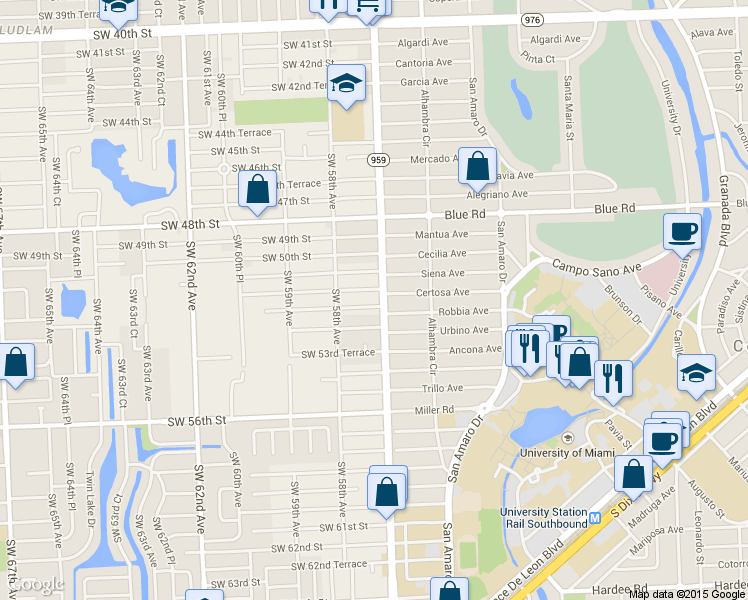 map of restaurants, bars, coffee shops, grocery stores, and more near 5116 Southwest 57th Avenue in Miami