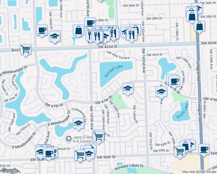 map of restaurants, bars, coffee shops, grocery stores, and more near 4533 Southwest 143rd Place East in Miami