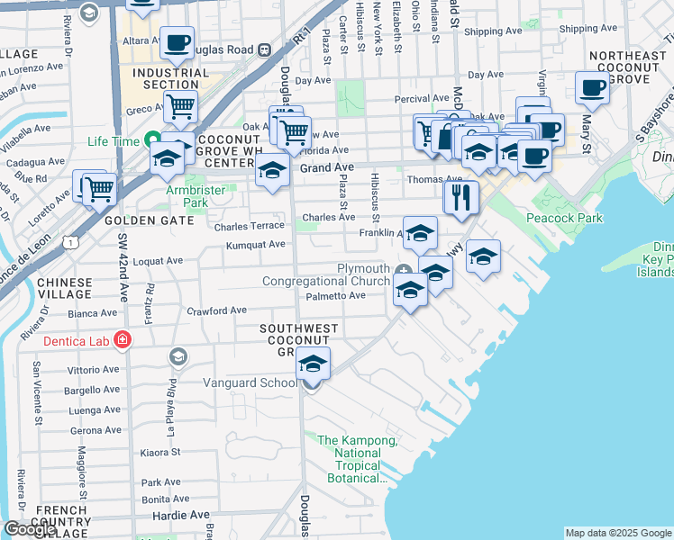 map of restaurants, bars, coffee shops, grocery stores, and more near 3601 Avocado Avenue in Miami