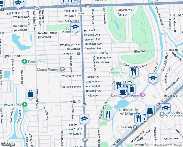 map of restaurants, bars, coffee shops, grocery stores, and more near 1512 Certosa Avenue in Coral Gables
