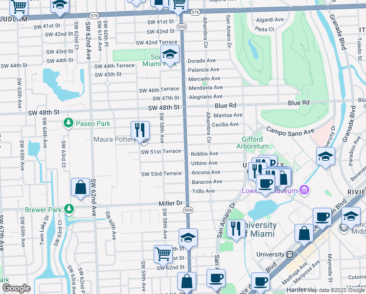 map of restaurants, bars, coffee shops, grocery stores, and more near 5116 Southwest 57th Avenue in Miami