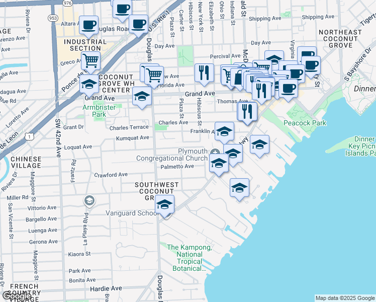 map of restaurants, bars, coffee shops, grocery stores, and more near 3561 Avocado Avenue in Miami