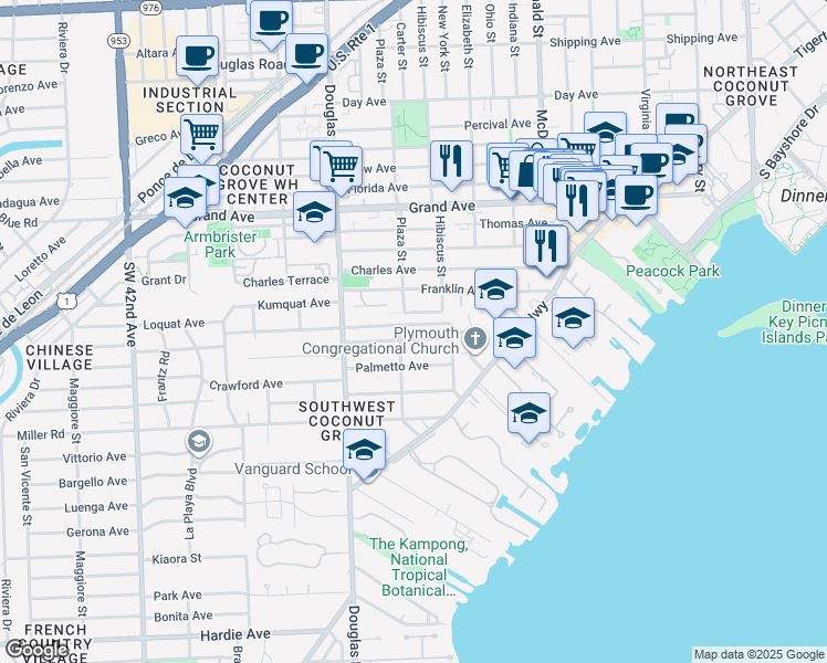map of restaurants, bars, coffee shops, grocery stores, and more near 3561 Avocado Avenue in Miami