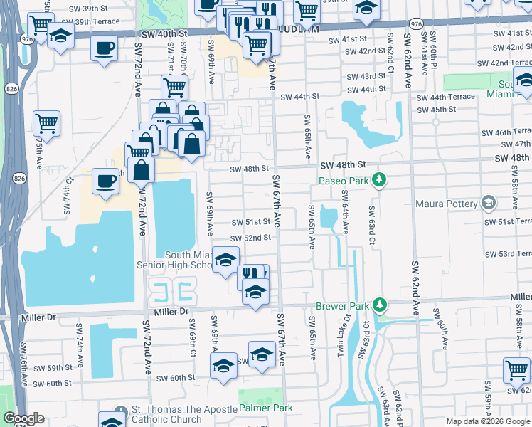 map of restaurants, bars, coffee shops, grocery stores, and more near in South Miami