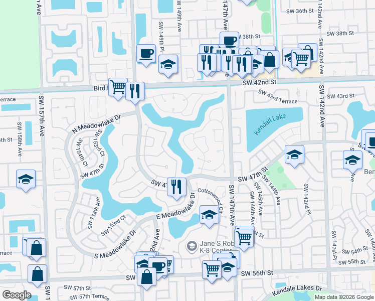 map of restaurants, bars, coffee shops, grocery stores, and more near 14842 Southwest 43rd Lane in Miami