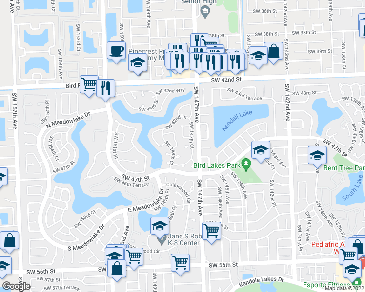 map of restaurants, bars, coffee shops, grocery stores, and more near 14727 Southwest 44th Lane in Miami