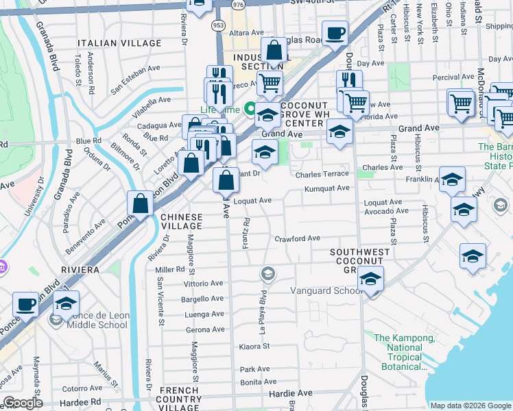 map of restaurants, bars, coffee shops, grocery stores, and more near 4064 Loquat Avenue in Miami