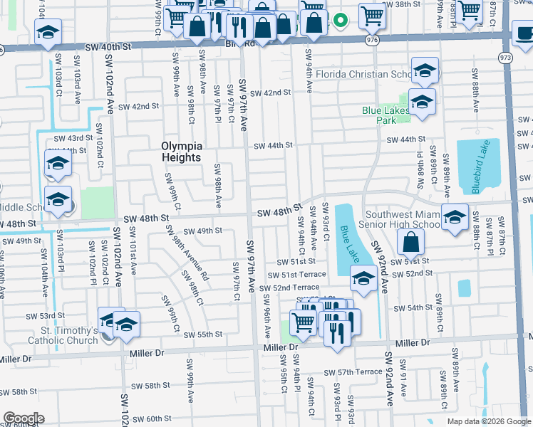map of restaurants, bars, coffee shops, grocery stores, and more near 9615 Southwest 48th Street in Olympia Heights