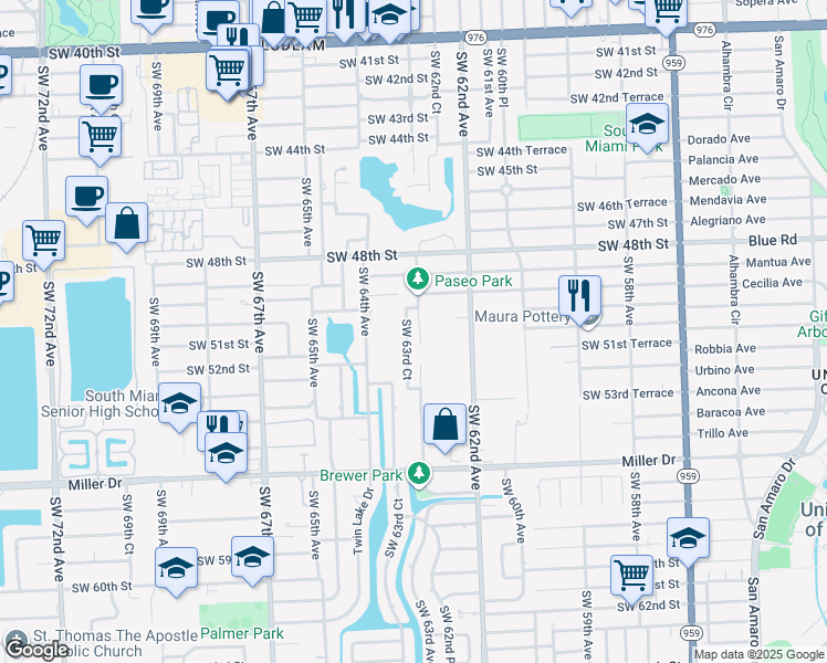 map of restaurants, bars, coffee shops, grocery stores, and more near 6300 Southwest 50th Street in Miami