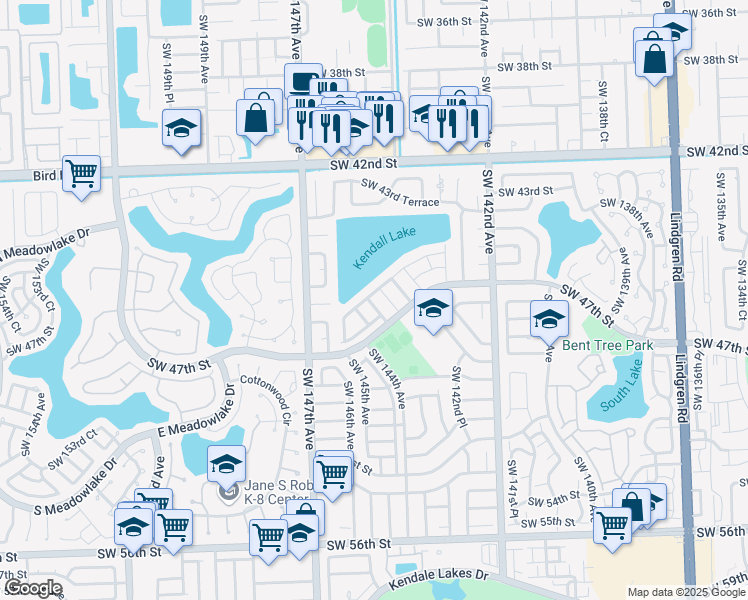 map of restaurants, bars, coffee shops, grocery stores, and more near 4533 Southwest 143rd Place East in Miami