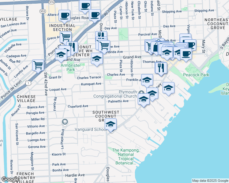 map of restaurants, bars, coffee shops, grocery stores, and more near 3601 Avocado Avenue in Miami