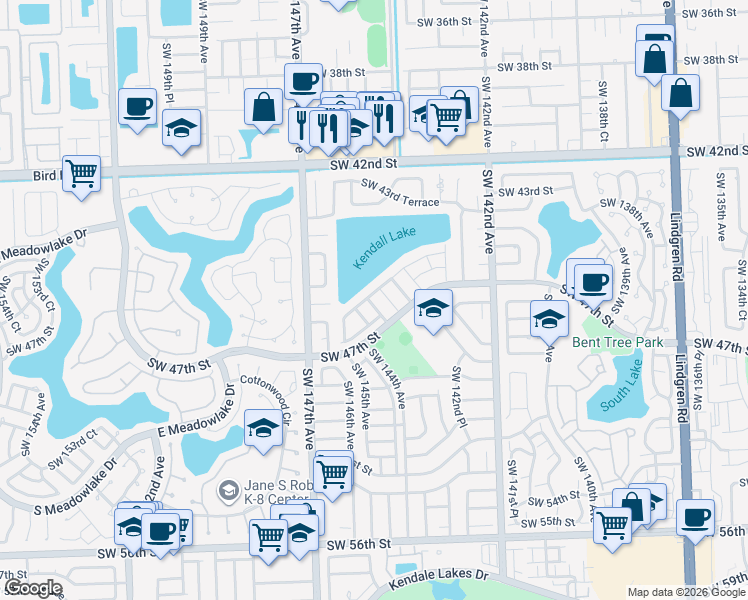 map of restaurants, bars, coffee shops, grocery stores, and more near 4533 Southwest 143rd Place East in Miami