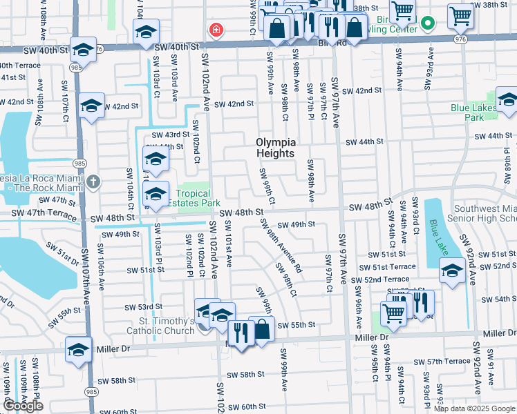 map of restaurants, bars, coffee shops, grocery stores, and more near 9961 Southwest 48th Street in Miami
