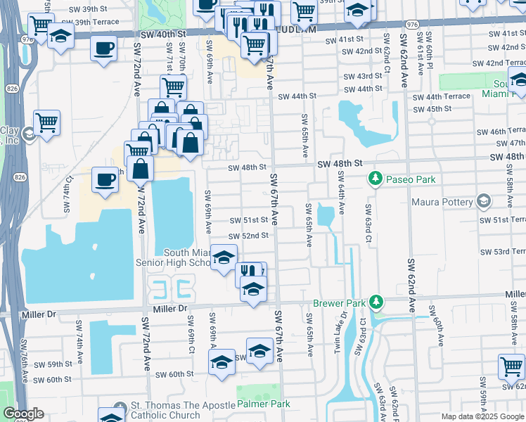 map of restaurants, bars, coffee shops, grocery stores, and more near in South Miami