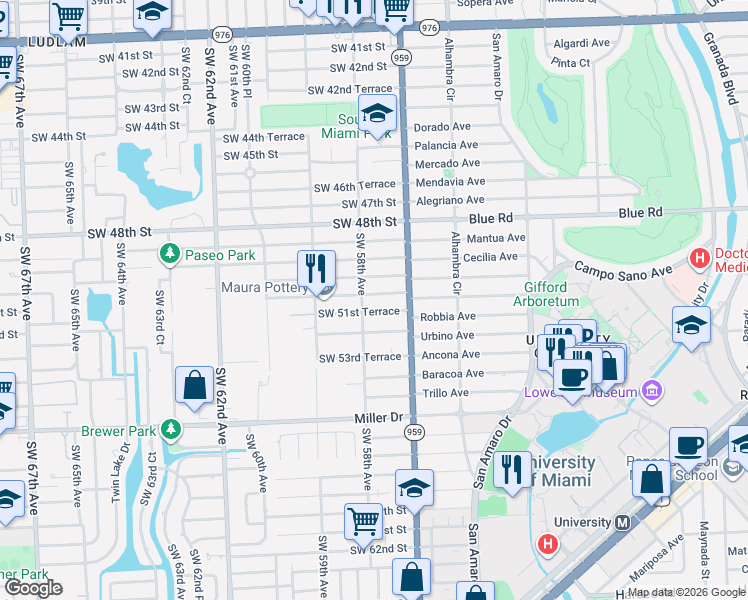 map of restaurants, bars, coffee shops, grocery stores, and more near 5760 Southwest 51st Street in Miami