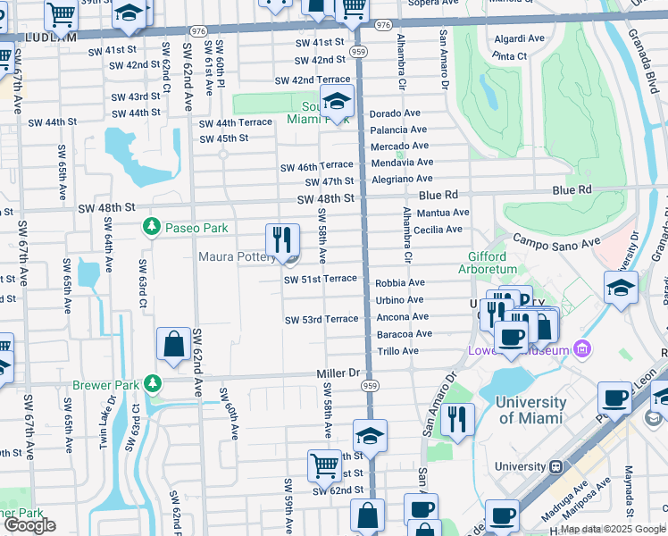 map of restaurants, bars, coffee shops, grocery stores, and more near 5760 Southwest 51st Street in Miami