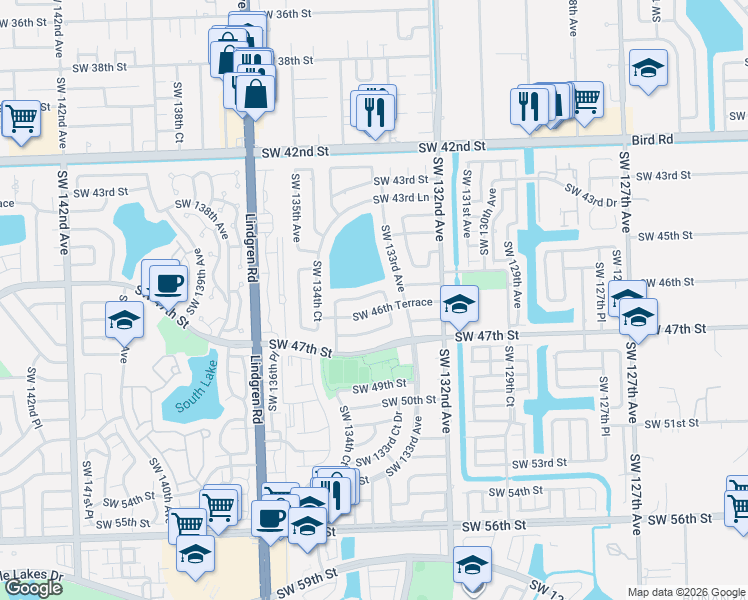 map of restaurants, bars, coffee shops, grocery stores, and more near 13330 SW 46th St in Miami