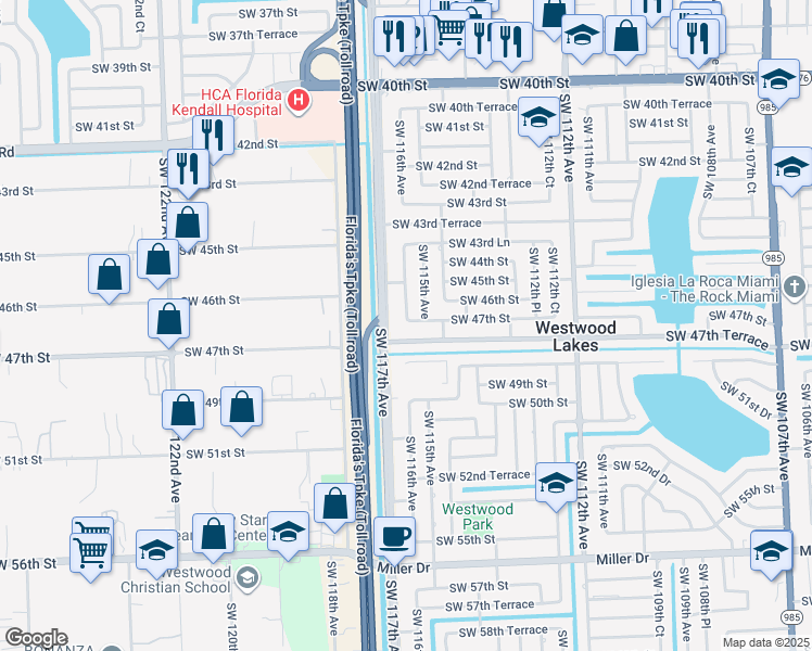 map of restaurants, bars, coffee shops, grocery stores, and more near 11530 Southwest 47th Street in Miami