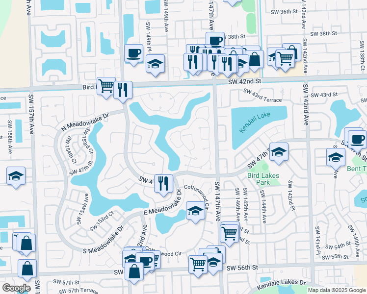 map of restaurants, bars, coffee shops, grocery stores, and more near 14842 Southwest 43rd Lane in Miami