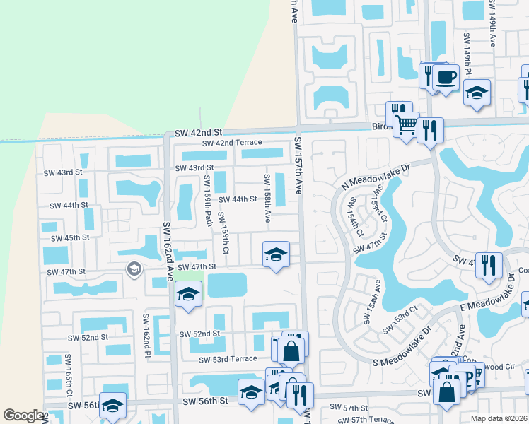 map of restaurants, bars, coffee shops, grocery stores, and more near 4454 Southwest 158th Avenue in Miami