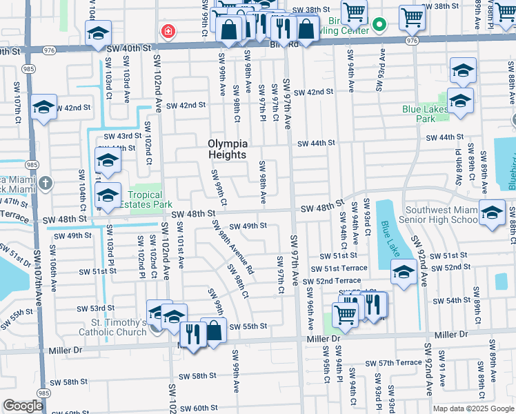map of restaurants, bars, coffee shops, grocery stores, and more near 9821 Southwest 48th Street in Miami