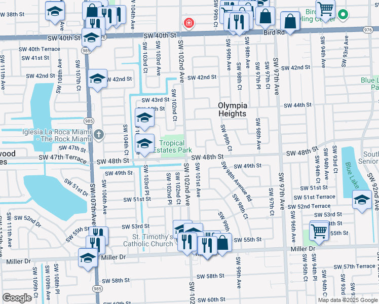 map of restaurants, bars, coffee shops, grocery stores, and more near 4731 Southwest 102nd Avenue in Miami