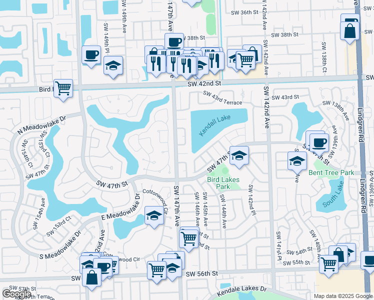 map of restaurants, bars, coffee shops, grocery stores, and more near 14625 Southwest 46th Street in Miami
