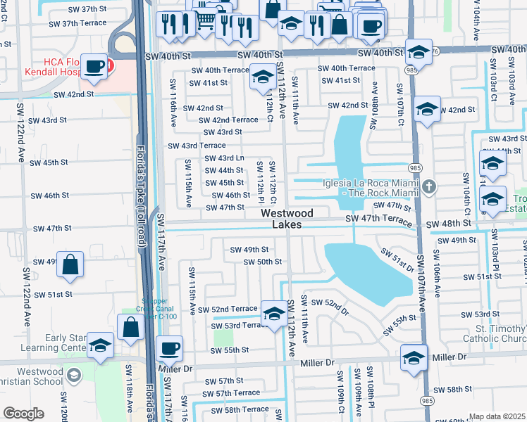 map of restaurants, bars, coffee shops, grocery stores, and more near in Westwood Lakes