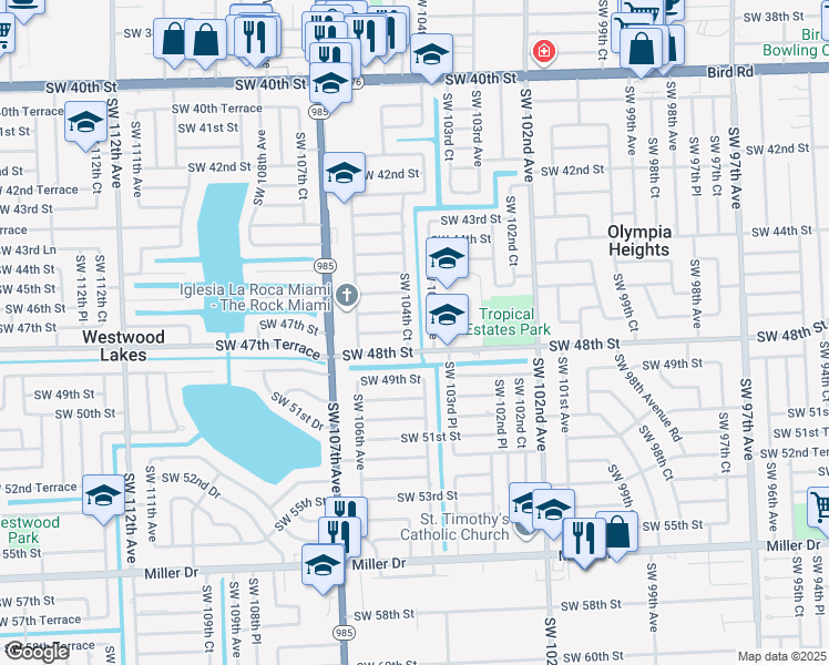map of restaurants, bars, coffee shops, grocery stores, and more near 4701 SW 104th Ct in Miami