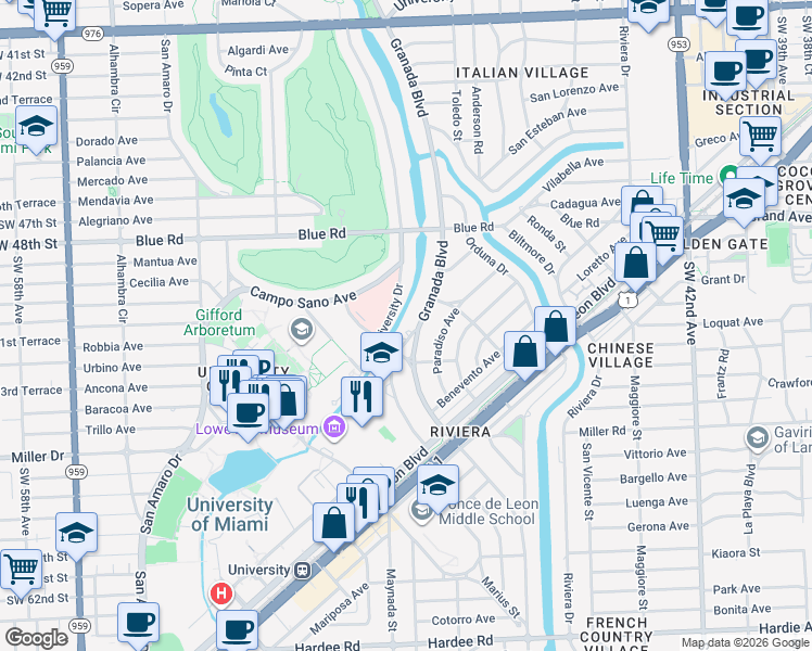 map of restaurants, bars, coffee shops, grocery stores, and more near 5110 Granada Boulevard in Coral Gables