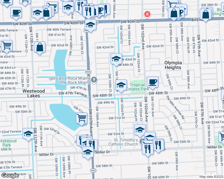 map of restaurants, bars, coffee shops, grocery stores, and more near 4701 Southwest 104th Court in Miami