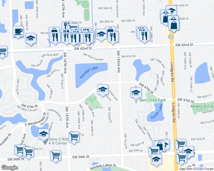 map of restaurants, bars, coffee shops, grocery stores, and more near 4705 Southwest 143rd Avenue in Miami