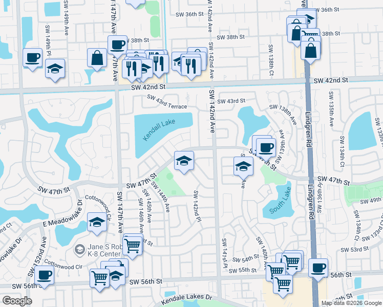 map of restaurants, bars, coffee shops, grocery stores, and more near 4705 Southwest 143rd Avenue in Miami