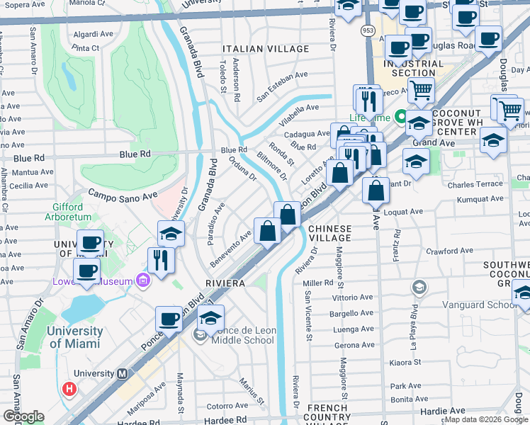 map of restaurants, bars, coffee shops, grocery stores, and more near 5126 Orduna Drive in Coral Gables