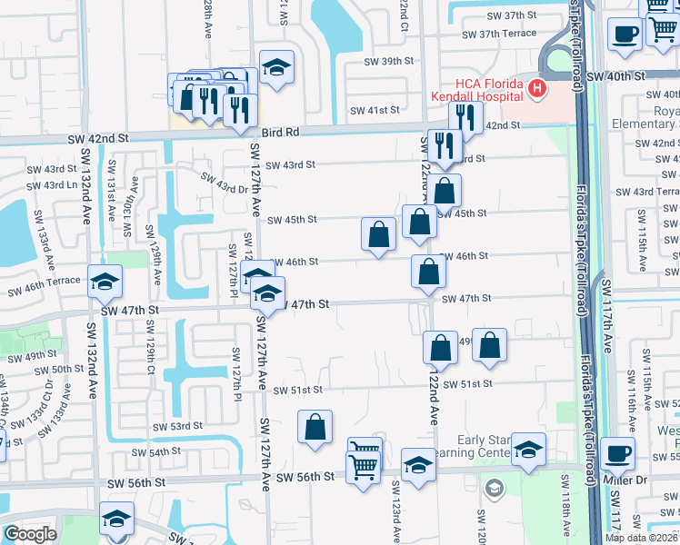 map of restaurants, bars, coffee shops, grocery stores, and more near 12400 Southwest 46th Street in Miami