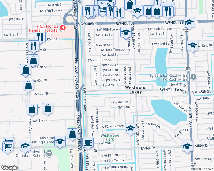 map of restaurants, bars, coffee shops, grocery stores, and more near 4744 Southwest 114th Avenue in Miami