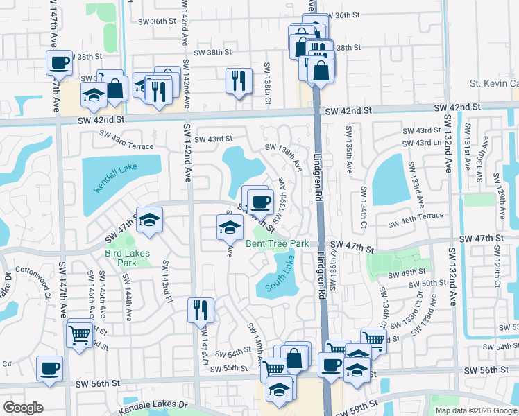 map of restaurants, bars, coffee shops, grocery stores, and more near 13926 Southwest 46th Terrace in Miami